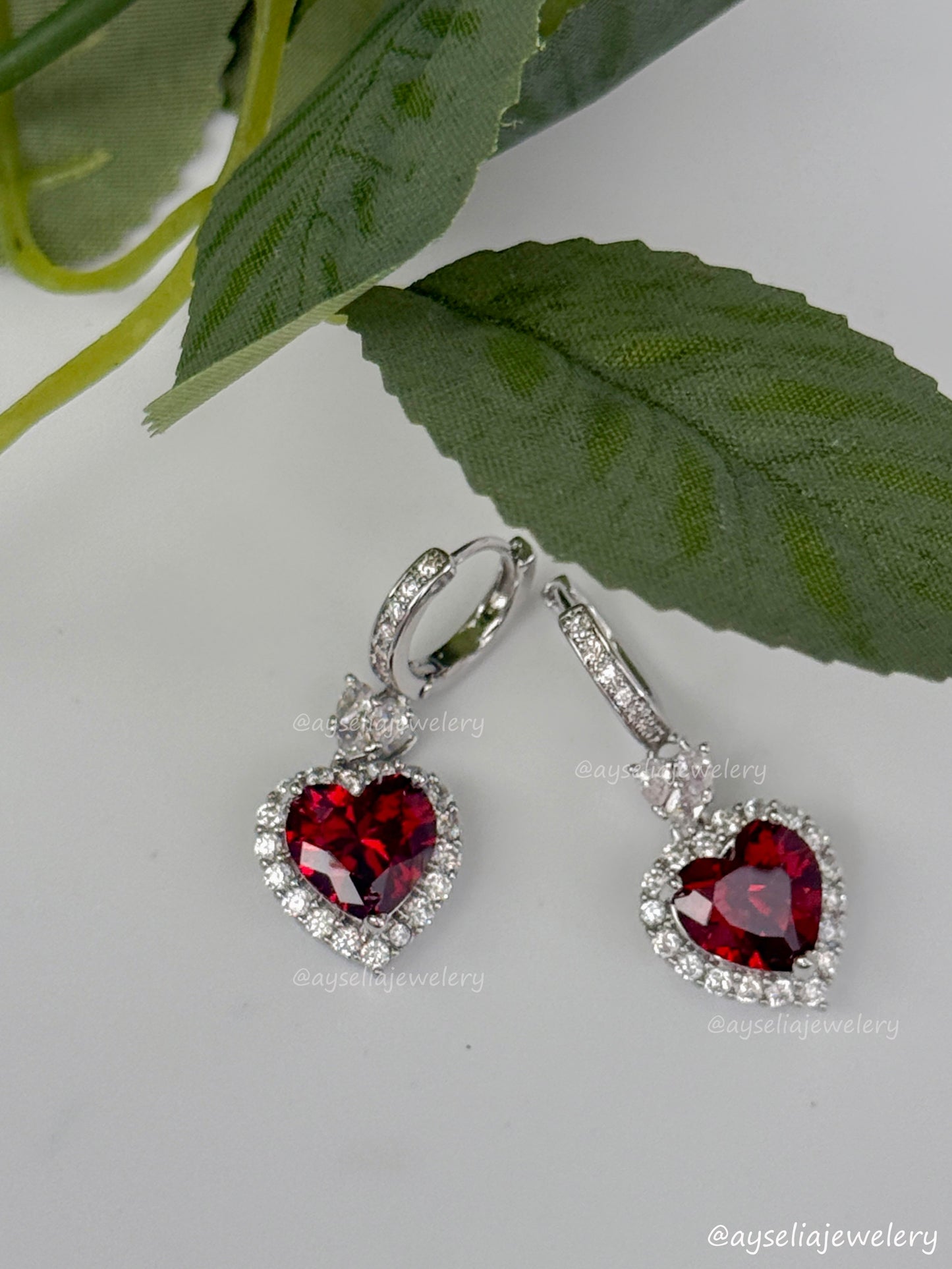 Heart Amber Red-Silver Hoop Earrings